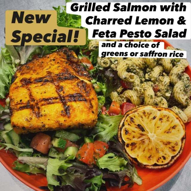 Are you craving something fresh and protein-packed? 🐟 Squeeze some charred lemon 🍋 over this incredible grilled salmon and pesto pasta salad. This special is served with your choice of salad greens and shirazi, or our delectable saffron rice. 
Plenty to discover at The Eateries in @sloranchfarms! Can’t wait to see you here.
#shekamoo #shekamoogrill #persian #centralcoast #grilledsalmon